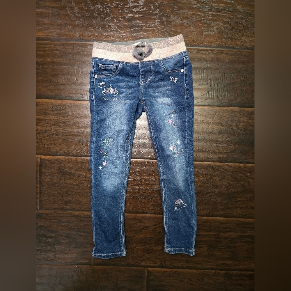 Kids Squeeze Pull On Denim Unicorn Embroidered Jeggings Size 6